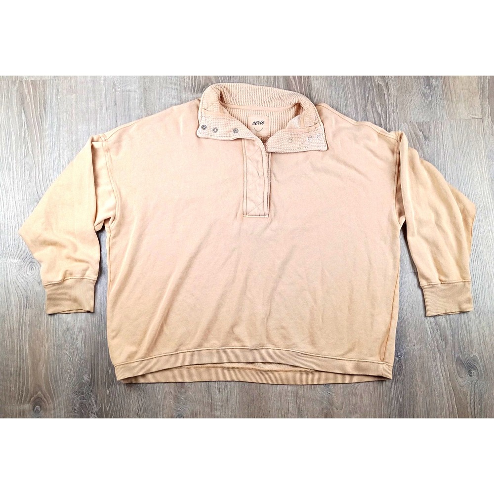 Aerie Womens XL Beige Fleece Pullover Sweatshirt Snap Collared Logo Henley